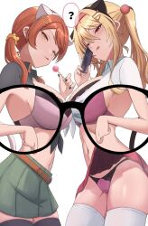 Rule 34 | 2girls, animal ears, augmented reality, blonde hair, blush, breasts, candy, cat ears, cat tail, clothes lift, food, fukenzen shrkr, hair ornament, hairclip, highres, large breasts, licking lips, lollipop, looking at viewer, multiple girls, naughty face, panties, pleated skirt, red hair, skirt, skirt lift, tail, tongue, tongue out, underwear, x-ray glasses, x-ray vision