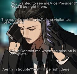Rule 34 | 1boy, black gloves, black hair, black jacket, black necktie, black suit, cellphone, closed eyes, collared shirt, commentary, english commentary, english text, facial mark, final fantasy, final fantasy vii, forehead mark, formal, gloves, holding, holding phone, indoors, jacket, long hair, male focus, necktie, night, open mouth, phone, shirt, smartphone, solo, suit, suit jacket, sweatdrop, talking, talking on phone, tseng, upper body, white shirt, xiao dao (kojimarie)