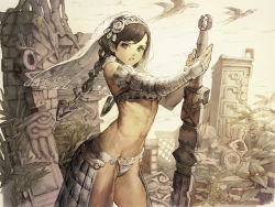 Rule 34 | 1girl, :o, arm up, armor, baiguiyu, bare shoulders, bikini armor, bird, braid, brown eyes, column, cowboy shot, faulds, from side, holding, lead, long hair, looking at viewer, looking to the side, navel, open mouth, original, outdoors, pillar, ruins, solo, stomach, swept bangs, toned, twin braids, vambraces, veil