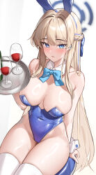 Rule 34 | 1girl, absurdres, blonde hair, blue archive, blue bow, blue bowtie, blue eyes, blue leotard, bow, bowtie, breasts, cup, detached collar, drinking glass, ear piercing, earpiece, halo, highres, holding, holding tray, large breasts, leotard, long hair, parted lips, piercing, samart, sitting, skindentation, solo, sweat, thighhighs, thighs, toki (blue archive), toki (bunny) (blue archive), tray, very long hair, white thighhighs, wine glass, wrist cuffs