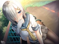 Rule 34 | 10s, 1girl, black pantyhose, blue eyes, blush, breasts, female focus, gloves, hair ornament, hair over one eye, hairclip, hamakaze (kancolle), image sample, kantai collection, large breasts, looking at viewer, moeki yuuta, pantyhose, pleated skirt, resolution mismatch, school uniform, serafuku, short hair, signature, silver hair, sitting, skirt, solo, source larger, tears, white gloves