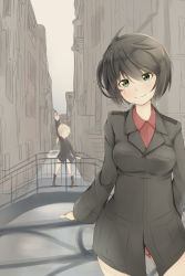 Rule 34 | 2girls, amai nekuta, black hair, blonde hair, blouse, breast pocket, bridge, building, canal, city, collared shirt, green eyes, long hair, long sleeves, looking at viewer, luciana mazzei, martina crespi, military, military uniform, multiple girls, no pants, panties, pocket, ponytail, red panties, red shirt, shirt, short hair, smile, solid oval eyes, solo focus, strike witches, strike witches: kurenai no majo-tachi, underwear, uniform, water, waving, world witches series