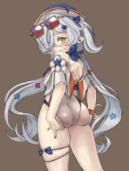 Rule 34 | 1girl, ass, ass grab, blush, breasts, brown background, commentary, commission, cowboy shot, dripping, ear piercing, eyewear on head, from behind, girls&#039; frontline, grabbing own ass, green eyes, hair ornament, hairclip, hat, highres, long hair, looking at viewer, looking back, nail polish, o o (ywsm2327), official alternate costume, one-piece swimsuit, piercing, rectangular pupils, sailor hat, silver hair, simple background, skindentation, small breasts, solo, star (symbol), star hair ornament, swimsuit, twintails, v-pm5 (girls&#039; frontline), v-pm5 (soaring starfish) (girls&#039; frontline), very long hair, watch, wet, white one-piece swimsuit, wristwatch