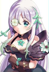 Rule 34 | 1girl, anemone (princess connect!), blush, breasts, cleavage, closed mouth, collarbone, dress, flower, flower eyepatch, gloves, hair between eyes, hair ornament, highres, long hair, looking at viewer, princess connect!, purple eyes, rokico, simple background, small breasts, solo, white background