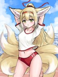 Rule 34 | 1girl, :o, absurdres, animal ears, arknights, arms behind head, arms up, blonde hair, blue sky, blush, breasts, buruma, cloud, collarbone, commentary, day, english commentary, fox ears, fox girl, fox tail, gluteal fold, green eyes, gym shirt, gym uniform, hair between eyes, highres, kitsune, long hair, looking at viewer, midriff, navel, outdoors, parted lips, ponytail, red buruma, rylaera, shirt, sky, small breasts, solo, standing, suzuran (arknights), tail, very long hair