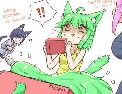 Rule 34 | !, 3girls, ahoge, anal tail, animal ears, bad id, bad pixiv id, bare shoulders, black hair, blush stickers, butt plug, cake, cat ears, cat tail, commentary request, english text, fake tail, food, gift, green hair, greenteaneko, greenteaneko-chan, hair ornament, highres, jacket, monster girl, multiple girls, musical note, original, pink hair, sex toy, shaded face, short shorts, shorts, smile, spoken exclamation mark, tail, whiskers, | |