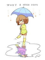 Rule 34 | :d, ^ ^, androgynous, bad id, bad twitter id, blush stickers, boots, chara (undertale), closed eyes, different reflection, english text, frisk (undertale), gender request, misha (hoongju), open mouth, puddle, rain, reflection, rubber boots, shirt, smile, spoilers, striped clothes, striped shirt, umbrella, undertale, yellow footwear