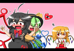 Rule 34 | 3girls, ahoge, arms up, ascot, asymmetrical wings, black dress, black hair, blonde hair, blush, breast envy, grabbing another&#039;s breast, breasts, chibi, dress, closed eyes, fang, feiton, female focus, flandre scarlet, grabbing, green hair, hat, heart, heart of string, houjuu nue, jealous, komeiji koishi, letterboxed, multiple girls, no headwear, no headwear, open mouth, red eyes, shirt, side ponytail, skirt, smile, surprised, surprised arms, third eye, touhou, wavy mouth, wings