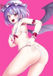 Rule 34 | 1girl, amisu, ass, bat wings, bikini, blue hair, breasts, hat, hat ribbon, looking at viewer, mob cap, open mouth, pink background, red eyes, red ribbon, remilia scarlet, ribbon, short hair, simple background, small breasts, smile, solo, swimsuit, touhou, wet, white bikini, wings, wrist cuffs