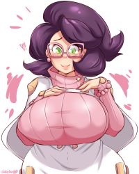 Rule 34 | !, 1girl, alternate breast size, artist name, bead bracelet, beads, blush, bracelet, breasts, chikkibug, creatures (company), earrings, game freak, glasses, green eyes, hands on own chest, heart, highres, huge breasts, jewelry, long sleeves, looking down, mature female, nintendo, pink-framed eyewear, pink sweater, pokemon, pokemon sm, purple hair, ribbed sweater, short hair, signature, simple background, smile, solo, sweater, text focus, turtleneck, turtleneck sweater, white background, wicke (pokemon)