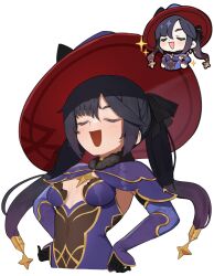Rule 34 | 1girl, black hair, breasts, chibi, closed eyes, commentary request, cropped torso, elbow gloves, flasso, fur collar, genshin impact, genshin impact sticker redraw (meme), gloves, gold trim, hair ornament, hands on own hips, hat, leotard, long hair, meme, mona (genshin impact), open mouth, simple background, small breasts, smug, solo, sparkle, star (symbol), star hair ornament, twintails, upper body, white background, witch hat