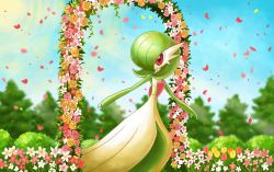 Rule 34 | arch, chachahara ai, colored skin, commentary request, creatures (company), day, floral arch, flower, game freak, gardevoir, gen 3 pokemon, green hair, nintendo, outdoors, petals, pokemon, pokemon (creature), red eyes, sky, solo, standing, white flower, white skin, yellow flower