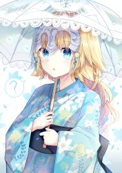 Rule 34 | 1girl, :o, ?, absurdres, alternate costume, blonde hair, blue eyes, blue kimono, braid, commentary request, fate/apocrypha, fate (series), headpiece, highres, holding, holding umbrella, ice (ice), japanese clothes, jeanne d&#039;arc (anniversary heroines) (fate), jeanne d&#039;arc (fate), jeanne d&#039;arc (ruler) (fate), kimono, long braid, long hair, looking at viewer, solo, umbrella, very long hair, yukata