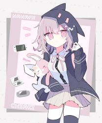 Rule 34 | 1girl, backpack, bag, black jacket, black shirt, blush, character name, closed mouth, collared shirt, cowboy shot, danganronpa (series), danganronpa 2: goodbye despair, dress shirt, expressionless, galaga, hand up, handheld game console, highres, hood, hood up, jacket, long sleeves, looking at viewer, md5 mismatch, medium hair, miniskirt, monomi (danganronpa), nanami chiaki, neck ribbon, nero (moca), nintendo ds, nintendo switch, open clothes, open jacket, pink bag, pink eyes, pink ribbon, pleated skirt, revision, ribbon, shirt, shirt tucked in, skirt, smile, solo, thighhighs, white shirt, zettai ryouiki