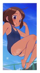 Rule 34 | 1girl, barefoot, blue one-piece swimsuit, border, brown hair, feet, female focus, jumping, mawaru (mawaru), one-piece swimsuit, one-piece tan, open mouth, outdoors, solo, swimsuit, tan, tanline, white border