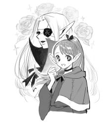 Rule 34 | 1boy, 1girl, bad id, bad twitter id, dungeon meshi, elf, eyelashes, eyepatch, flower, frs2, greyscale, high collar, long hair, looking at viewer, looking to the side, marcille donato, monochrome, pointy ears, ponytail, robe, rose, smile, succubus (dungeon meshi)