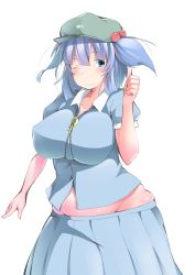 Rule 34 | 1girl, ;), blue eyes, blue hair, blush, breasts, cabbie hat, collared shirt, curvy, covered erect nipples, groin, hair bobbles, hair ornament, hat, highres, hip focus, kawashiro nitori, key, large breasts, looking at viewer, one eye closed, plump, shirt, shishi juuroku, skindentation, skirt, smile, solo, thumbs up, touhou, two side up, wide hips