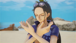 Rule 34 | 1girl, 3d, black hair, breasts, closed eyes, crossed arms, female focus, large breasts, long hair, nico robin, one piece, one piece: odyssey, screencap, solo, sunglasses, upper body