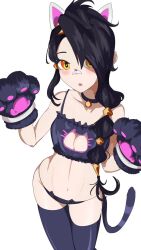 Rule 34 | 1girl, alternate costume, animal ears, animal hands, bandage on face, bandages, bell, bikini, black hair, braid, breasts, cat ear bikini, cat ears, cat girl, cat tail, cleavage, cleavage cutout, clothing cutout, collar, erisa (fortnite), extra ears, fortnite, gloves, groin, hair over one eye, heart, heart-shaped pupils, highres, long hair, looking at viewer, navel, neck bell, open mouth, paw gloves, side braid, single braid, solo, standing, swimsuit, symbol-shaped pupils, tail, thehollowhusk, thighhighs, yellow eyes