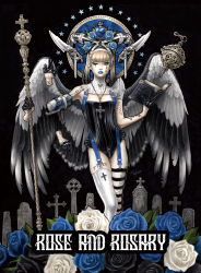 Rule 34 | 1girl, amputee, angel wings, arm tattoo, asymmetrical legwear, black flower, black hair, black rose, blonde hair, blue eyes, blue flower, blue lips, blue rose, blunt bangs, body writing, book, cross, crotch zipper, demon girl, detached collar, disembodied limb, english text, extra hands, eyeshadow, floating, floating object, flower, gloves, gradient hair, half gloves, highres, holding, horns, jewelry, latin cross, leg tattoo, leotard, lipstick, makeup, mismatched legwear, mole, mole under mouth, multicolored hair, necklace, one eye closed, original, parted lips, rose, scepter, sheep horns, solo, strap, strapless, strapless leotard, takumi (marlboro), tattoo, thighhighs, twintails, white flower, white rose, wings, zipper