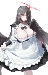 Rule 34 | 1girl, absurdres, black dress, black hair, black wings, blue archive, breasts, cleavage, closed mouth, dotthebot, dress, feathered wings, feet out of frame, hair between eyes, halo, hasumi (blue archive), highres, large breasts, long hair, long sleeves, looking at viewer, red eyes, red halo, simple background, solo, white background, white dress, wings