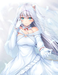 Rule 34 | alternate costume, blue eyes, blush, breasts, bridal veil, cleavage, dress, feathers, frills, hair bobbles, hair ornament, highres, large breasts, long hair, mystic square, one side up, shinki (touhou), silver hair, smile, solo, touhou, touhou (pc-98), veil, wedding dress, white background, white dress, yanagi no ki