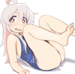 Rule 34 | 1girl, ahoge, bare arms, bare legs, bare shoulders, barefoot, blue one-piece swimsuit, bright pupils, colored inner hair, feet, foot out of frame, genderswap, genderswap (mtf), hair between eyes, highres, knees up, legs, legs up, mizumori keiichi, multicolored eyes, multicolored hair, one-piece swimsuit, onii-chan wa oshimai!, open mouth, oyama mahiro, pink hair, pink pupils, red eyes, shadow, simple background, solo, swimsuit, thighs, toes, two-tone hair, white background, yellow eyes