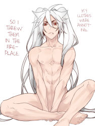 Rule 34 | 10s, 1boy, alternate hairstyle, barefoot, fang, frown, hard-translated, kogitsunemaru, long hair, looking at viewer, male focus, navel, nipples, nude, silver hair, simple background, sitting, solo, third-party edit, touken ranbu, translated, twintails, very long hair, white background, zuwai kani