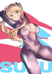 Rule 34 | 10s, 1girl, 3:, 3:&lt;, absurdres, ahoge, arms behind head, arms up, bakuon!!, bell, biker clothes, bikesuit, blonde hair, blush, bodysuit, breasts, cleavage, hair bell, hair ornament, highres, huge breasts, julioalqae, long hair, looking at viewer, solo, suzunoki rin, twintails, unzipped, v-shaped eyebrows, yellow eyes
