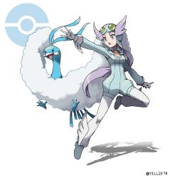 Rule 34 | 1girl, :o, altaria, artist name, breasts, collarbone, commentary request, creatures (company), full body, game freak, gen 3 pokemon, gloves, gym leader, helmet, highres, long hair, nintendo, official style, open mouth, outstretched arm, poke ball symbol, pokemon, pokemon (creature), pokemon oras, purple eyes, purple hair, shoes, simple background, spread fingers, tellzeta, tongue, very long hair, watermark, white background, white gloves, winona (pokemon)