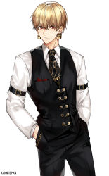 Rule 34 | 1boy, absurdres, artist name, black necktie, black pants, commentary, earrings, fate/stay night, fate (series), gilgamesh (fate), hands in pockets, highres, jewelry, kanniiepan, lock, lock earrings, looking at viewer, male focus, necktie, pants, red eyes, shirt, short hair, simple background, solo, sweater vest, two-tone necktie, two-tone neckwear, white background, white shirt