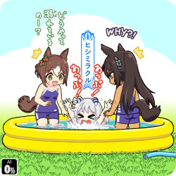 Rule 34 | &gt; &lt;, 3girls, animal ears, arms up, asphyxiation, commentary request, drowning, english text, fine motion (umamusume), grass, hair ornament, hishi miracle (umamusume), horse ears, horse tail, hose, kakuchoshi, long hair, medium hair, multiple girls, open mouth, pool, school swimsuit, standing, surprised, swimsuit, symboli kris s (umamusume), tail, translation request, umamusume, wading pool