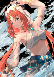 Rule 34 | 1girl, absurdres, aqua eyes, arm up, ayayayume, bare shoulders, blue skirt, bodypaint, breasts, brooch, commentary, cowboy shot, crop top, detached sleeves, genshin impact, highres, horns, jewelry, long hair, long sleeves, looking at viewer, medium breasts, midriff, navel, nilou (genshin impact), red hair, skirt, smile, solo, standing, stomach, veil, very long hair, water