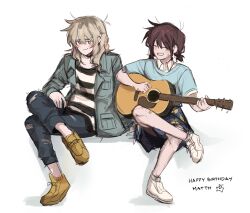 Rule 34 | 2girls, acoustic guitar, bandaid, bandaid on knee, bandaid on leg, black pants, blue shirt, blue skirt, commentary, denim, english commentary, girls band cry, green jacket, grin, guitar, happy birthday, highres, instrument, iseri nina, jacket, jeans, kawaragi momoka, lemon print, light brown hair, long hair, multicolored hair, multiple girls, open clothes, open jacket, pants, playing guitar, print skirt, red hair, roots (hair), sad bocchi, shirt, shoes, short sleeves, short twintails, simple background, sitting, skirt, smile, sneakers, striped clothes, striped shirt, sweatdrop, torn clothes, torn jeans, torn pants, twintails, white background, white footwear, white shirt, yellow footwear