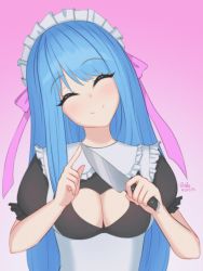 Rule 34 | 1girl, ^ ^, alternate costume, blue hair, breasts, cleavage cutout, closed eyes, clothing cutout, commentary, english commentary, enmaided, facing viewer, frills, gradient background, hair ribbon, head tilt, highres, holding, knife, long hair, maid, maid headdress, me!me!me!, medium breasts, meme (me!me!me!), pink background, pink ribbon, puffy short sleeves, puffy sleeves, ribbon, short sleeves, simple background, smile, solo, upper body, vickie (cryingrobot)