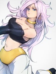 Rule 34 | 1girl, android 21, bare shoulders, blue eyes, breasts, choker, cleavage, collarbone, dragon ball, dragon ball fighterz, earrings, grey background, hoop earrings, jewelry, kemachiku, light purple hair, long hair, looking at viewer, majin android 21, medium breasts, midriff, navel, simple background, solo, yellow choker