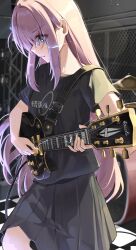 Rule 34 | 1girl, absurdres, black shirt, black skirt, blue eyes, blurry, blurry background, bocchi the rock!, closed mouth, clothes writing, commentary, gotoh hitori, guitar, highres, holding, holding instrument, instrument, long hair, music, pink hair, playing instrument, pomp (qhtjd0120), shirt, short sleeves, sidelocks, skirt, solo, standing, symbol-only commentary