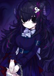 Rule 34 | 1girl, ahoge, arm belt, armband, back bow, bags under eyes, belt, black eyes, black hair, blush, bow, bowtie, cuffs, dress, empty eyes, eyeball hair ornament, facial mark, flower, frills, horns, ketopon, long hair, long sleeves, looking at viewer, messy hair, multicolored hair, original, own hands together, purple hair, scar, scar on face, shackles, sheep horns, smile, solo, spotted hair, striped clothes, striped dress, thighhighs, two-tone hair, v arms, very long hair