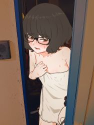 Rule 34 | 1girl, black-framed eyewear, black hair, blush, door, doorway, embarrassed, female focus, flat chest, glasses, highres, naked towel, open mouth, original, photo background, rountain, solo, thick eyebrows, towel, tsugubumi-chan (rountain), wet