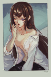 Rule 34 | 1girl, brown hair, highres, lab coat, long hair, makise kurisu, open clothes, softmode, solo, steins;gate, yawning