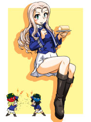 Rule 34 | 10s, 3girls, andou (girls und panzer), angry, bc freedom military uniform, beans, black footwear, black hair, blonde hair, blue hat, blue jacket, blue oni, blue vest, boots, chibi, closed mouth, commentary request, dark-skinned female, dark skin, dress shirt, drill hair, eating, food, food on face, food request, fork, full body, girls und panzer, green eyes, grimace, hat, high collar, holding, invisible chair, jacket, lightning bolt symbol, long hair, long sleeves, looking at viewer, marie (girls und panzer), medium hair, millipen (medium), miniskirt, multiple girls, oni, oosaka kanagawa, oshida (girls und panzer), outside border, plate, pleated skirt, red oni, shadow, shako cap, shirt, sitting, skirt, standing, throwing, traditional media, vest, white skirt, yellow background