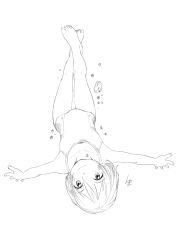 Rule 34 | 1girl, barefoot, feet, female focus, looking at viewer, monochrome, one-piece swimsuit, original, outstretched arms, satsuyo, short hair, smile, solo, spread arms, swimsuit, toes, underwater, upside-down