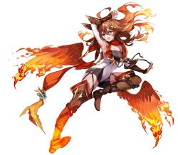 Rule 34 | 1girl, absurdres, ahoge, arm up, armpits, blue eyes, breasts, brown footwear, brown hair, fire, flame harpy scintilla, full body, game cg, grin, guardian tales, hair ornament, harpy, highres, long hair, looking to the side, monster girl, official art, open mouth, red scarf, red wings, scarf, sleeveless, small breasts, smile, solo, wings