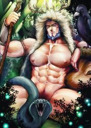 Rule 34 | 1boy, abs, antlers, bara, bare pectorals, bare shoulders, bear, beard, biceps, bird, black bird, blue hair, bottomless, cobra (animal), convenient censoring, crow, facial hair, fangs, fur-trimmed jacket, fur trim, highres, holding, holding staff, horns, jacket, large pectorals, male focus, male pubic hair, muscular, muscular male, navel, navel hair, nipples, original, pectorals, pubic hair, reindeer antlers, shaman, short hair, sitting, sleeveless, sleeveless jacket, snake, solo, spread legs, staff, stomach, thick thighs, thighs, tree, tribal, veins, winemvee