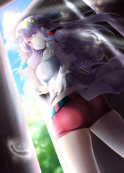 Rule 34 | 1girl, ass, blue sky, breasts, camisole, chemise, cloud, crescent, day, dress, feathers, hat, jacket, large breasts, long hair, looking at viewer, mob cap, off shoulder, open clothes, open dress, open jacket, outstretched arm, outstretched hand, patchouli knowledge, purple eyes, purple hair, see-through, shiina excel, shorts, sky, solo, strap slip, touhou, very long hair