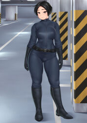Rule 34 | 1girl, belt, black footwear, black gloves, black hair, bodysuit, boots, breasts, closed mouth, contrapposto, full body, gloves, highres, indoors, large breasts, looking at viewer, nemui333, original, parking garage, short hair, smile, solo, standing, tachi-e, zipper