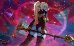 Rule 34 | 2girls, alternate breast size, alternate height, ass, ass support, black gloves, blonde hair, breasts, brown thighhighs, garter straps, gloves, hammer, highres, holding, holding hammer, holding staff, large breasts, league of legends, looking at viewer, looking back, lulu (league of legends), magic, multiple girls, panties, pix (league of legends), poppy (league of legends), red headwear, red panties, solo focus, staff, themaestronoob, thighhighs, twintails, underwear