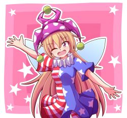 Rule 34 | 1girl, american flag dress, american flag pants, aospanking, arm up, blonde hair, blush, breasts, clownpiece, commentary request, dress, eyes visible through hair, fairy wings, hair between eyes, hand up, hat, jester cap, long hair, looking at viewer, medium breasts, neck ruff, one eye closed, open mouth, pants, pink background, pink eyes, polka dot, purple hat, short sleeves, smile, solo, standing, star (symbol), star print, starry background, striped clothes, striped dress, striped pants, touhou, wings
