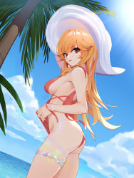 Rule 34 | 1girl, :p, absurdres, ass, azur lane, blue sky, breasts, casual one-piece swimsuit, clothes lift, cloud, cross-laced clothes, cross-laced one-piece swimsuit, day, dutch angle, from side, frontal wedgie, hat, highres, legs, lifted by self, long hair, looking at viewer, looking to the side, medium breasts, one-piece swimsuit, orange hair, outdoors, palm tree, pink one-piece swimsuit, red eyes, richelieu (azur lane), richelieu (fleuron of the waves) (azur lane), sideboob, signature, sky, solo, sun hat, sunlight, swimsuit, swimsuit lift, thigh strap, tongue, tongue out, tree, very long hair, water, wedgie, white hat, wucanming