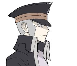 Rule 34 | 1boy, black coat, black hat, closed mouth, coat, creatures (company), from side, game freak, grey eyes, grey hair, hat, high collar, highres, ingo (pokemon), jaho, long sideburns, male focus, nintendo, peaked cap, pokemon, pokemon legends: arceus, short hair, sideburns, simple background, solo, torn clothes, torn coat, trench coat, upper body, white background